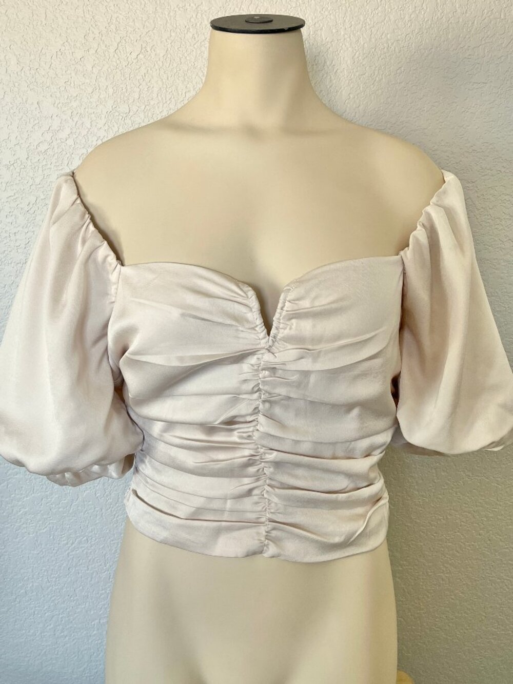 Lush Cropped Silky Top Off Shoulder Small Puff Sleeve Champange Beige NWT